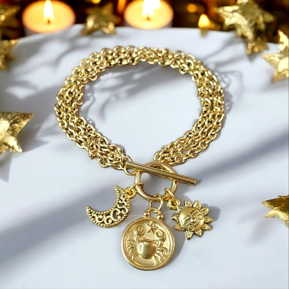18k Gold Plated Cancer Zodiac Celestial Charm Toggle Bracelet